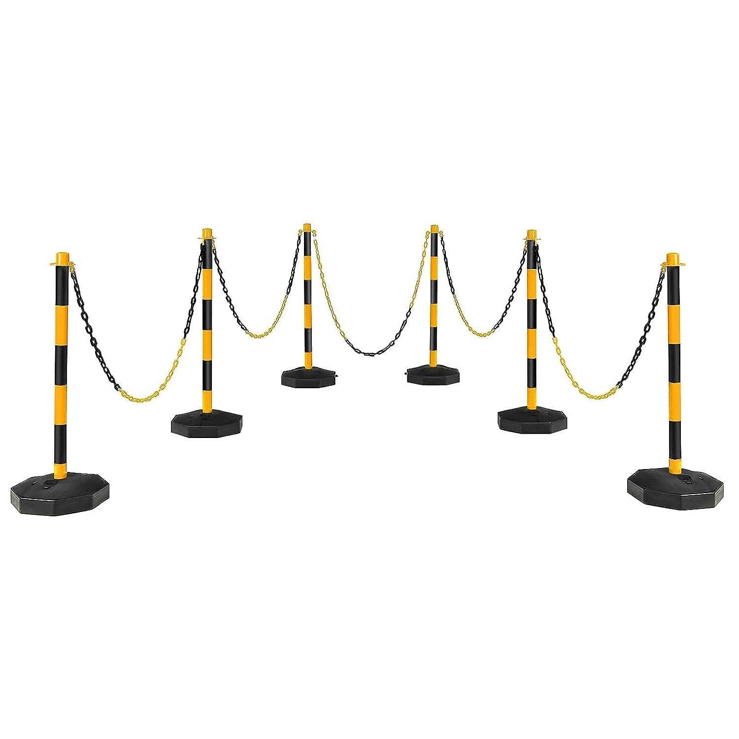 6 Pack Plastic Stanchions Chain Set, Traffic Delineator Post Cone with Fillable Base, 5’ Link Chains, Crowd Control Ropes and Poles for Airports, Parks, Stores(Black & Yellow)