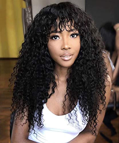 Peiyulex Curly Wig Human Hair Non Lace Front Wigs Full Machine Made 100% Human Hair Wigs With Bangs for Black Women Brazilian Jerry Curly Wigs Glueless