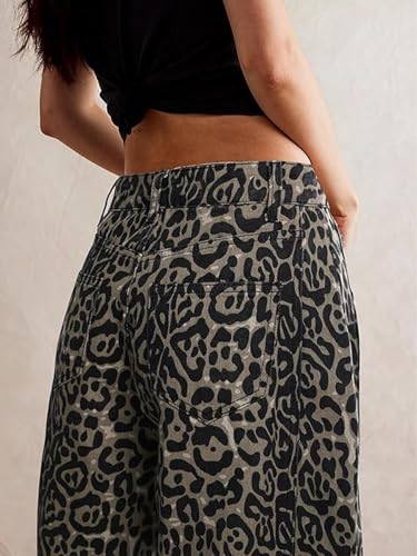 Women's Mid Rise Barrel Jeans Casual Boyfriend Wide Leg Leopard Printed Baggy Denim Ankle Pants3