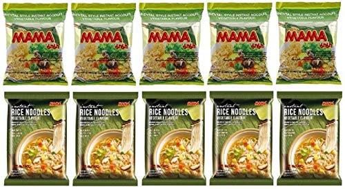 MAMA Veg Combo Pack of 10 - MAMA Instant Noodles Vegetable Flavor and MAMA Rice Noodles Vegetable