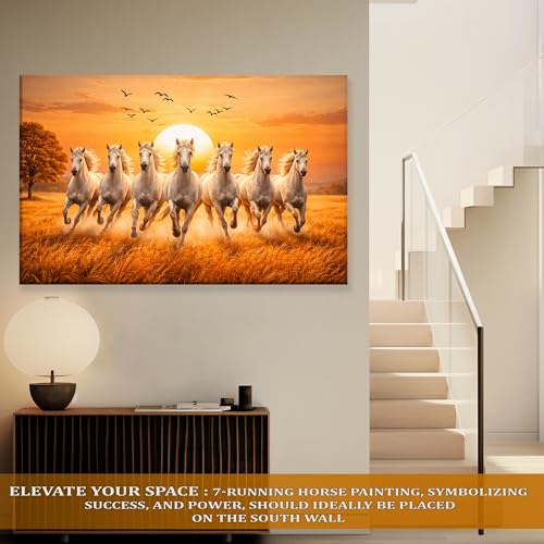 Image of Rousrie Big Size 7 Horses Vastu Frame Wall Art Painting, White Running Horses on Water, Rising Sun Wall Decor, Multicolor (55 cm x 85 cm)