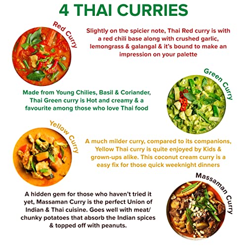 Image of EL The Cook Thai Curry Paste Value Combo (4 Pack)- Red,Yellow,Green,Massaman | 100% Veg | Restaurant Style Chicken,Fish,Prawn,Vegetable,Tofu Curry At Home | 50 Gm Pack Serves 4-5,Ready To Cook