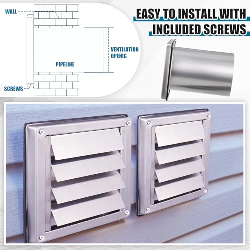 Image of Shimeyao 6 Inch Wall Vent Cover with 8 inch Extended Air Pipe Stainless Steel Dryer Exhaust Vent Cover with Louvre and 4 Screws Wall Mount Exterior for AC Range Hood Kitchen HVAC Air Exhaust, Silver
