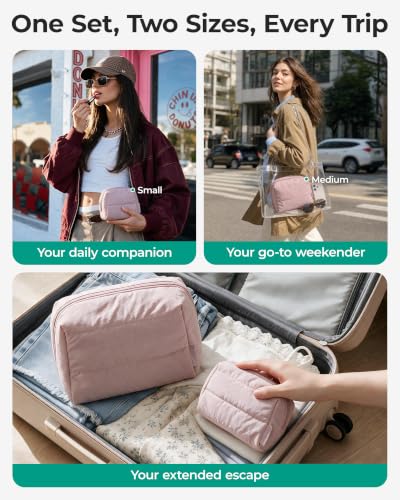 Image of BAGSMART Puffy Padded Travel Makeup Bag Duo Large & Small for Women | Puffy Padded, Travel Cosmetic Organizer Set, Large Toiletry Bag & Small Purse Pouch, Travel Essentials