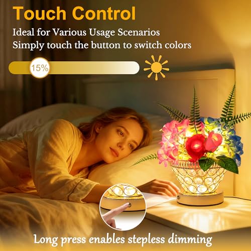 Image of Birthday Gifts for Women, Gift Basket for Mom Blue & Pink Hydrangea Rose Cordless Table Lamp, 3 Color Crystal Lamps Touch Bedside Lamps with USB Charge Small Night Light for Bedroom