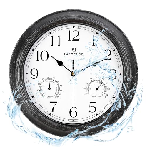 Lafocuse 30cm Horloge Murale Exterieure Etanche avec Thermomètre et Hygromètre, Vintage Noir Pendule Murale Retro, Silencieuse Shabby Chic Deco pour...