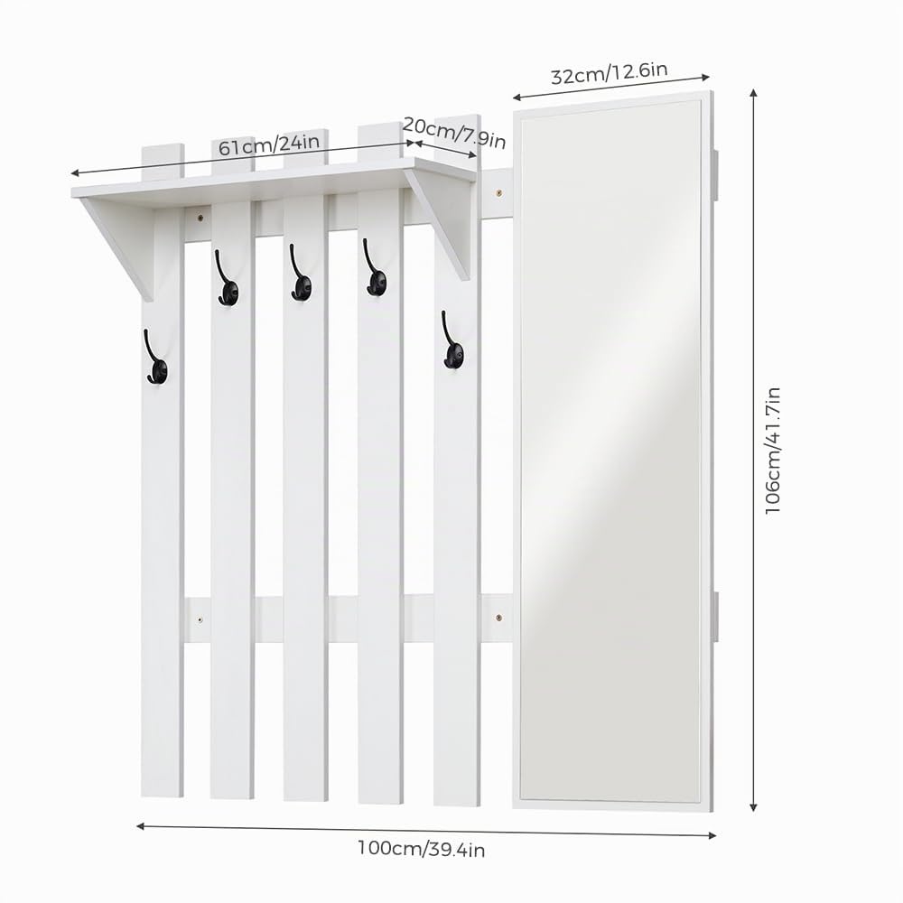 Meerveil Perchero Pared con Espejo, Recibidor Perchero con 5 Ganchos y Estante Estilo Moderno para Pasillo Entrada, 100 x 22 x 106 cm (Blanco)