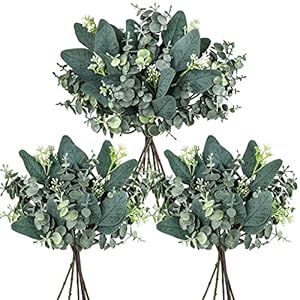 Winlyn 20 Pcs Mixed Artificial Oval Eucalyptus Leaves Bulk with White Seeds Stems and Spray for Vase Floral Wreath Bouquets Wedding Greenery Decoration