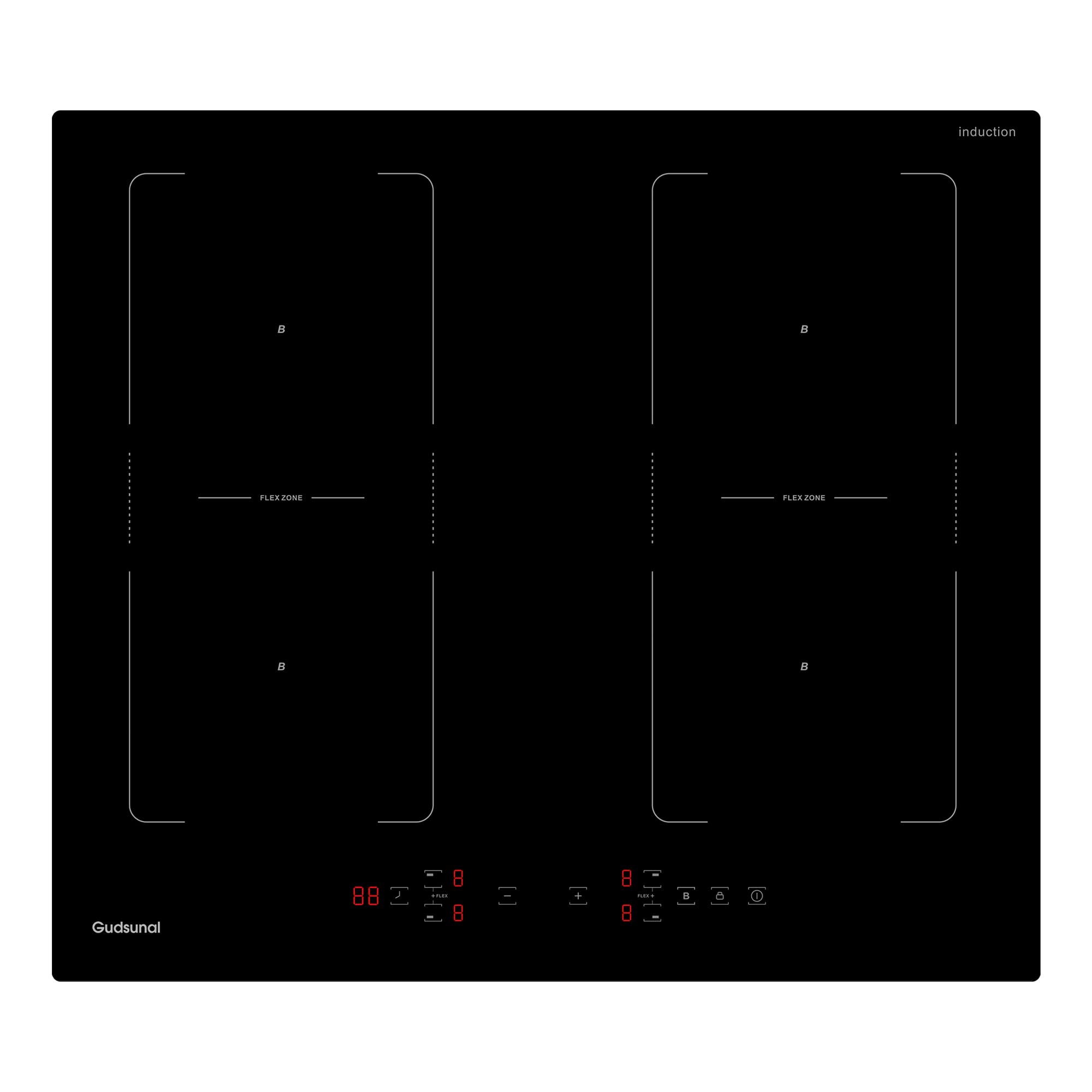 Gudsunal Induktionskochfeld 60 cm mit zwei Flexzonen, 7200W, 4-Zonen-Induktionskochplatte mit kontinuierlicher Niedrigleistungsheizung, Boost, 9 Heizstufen, Timer, automatische Abschaltung