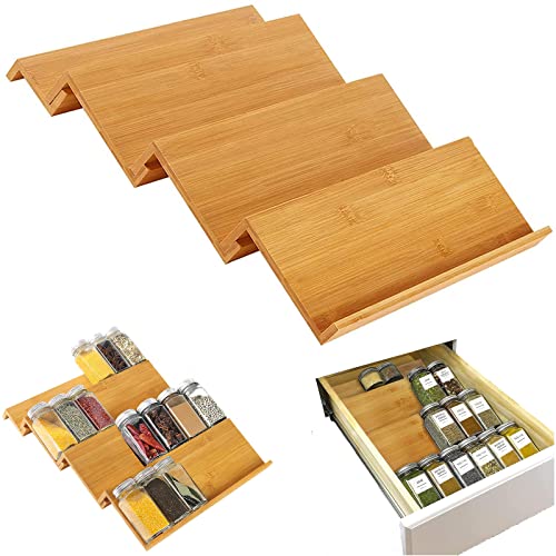 MLZYKYJZ Gewürzeinsatz Schublade, 4 Levels Bambus Extendible Spice Rack Drawer Insert Holder Gewürzregal Gewürz Aufbewahrung Organizer Schublade Ordnungssystem(43 x 33 x 6 cm) Cover