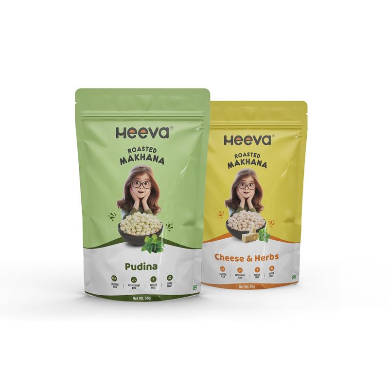 Heeva Roasted Makhana | Foxnut | Combo Pack of Pudina and Cheese & Herb Flavour 50g (Pack of 2) | Healthy Snacks | No Cholesterol | Calcium Rich | Phool Makhana