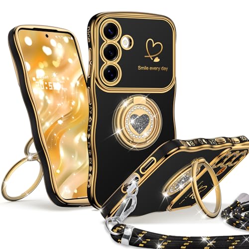 Unlicaku für Samsung Galaxy S22 Hülle mit Band & Doppel-Ring-Ständer Handyhülle Gewellter Rahmen Luxus Soft SchutzHülle Herz-Design Stoßfest Case für Damen Schwarz