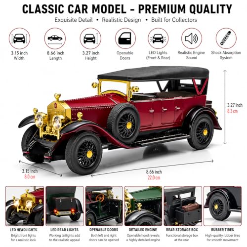 Image of Magicwand 1925 Convertible Vintage Classic Car Model, 1:24 Scale Rollls Roycce Phantom I, Die-Cast Metal, 8.66 x 3.27 inch, Lights & Sound, with Openable Doors,Hood & Removable Roof ⦗Random Color⦘