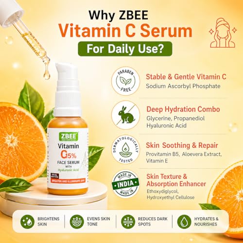 Image of ZBEE 15% Vitamin C Face Serum for Glowing Skin with Hyaluronic Acid & Pro Vitamin B5 - Anti Pigmentation & Dark Spot Removal Serum for Men & Women - 30ml