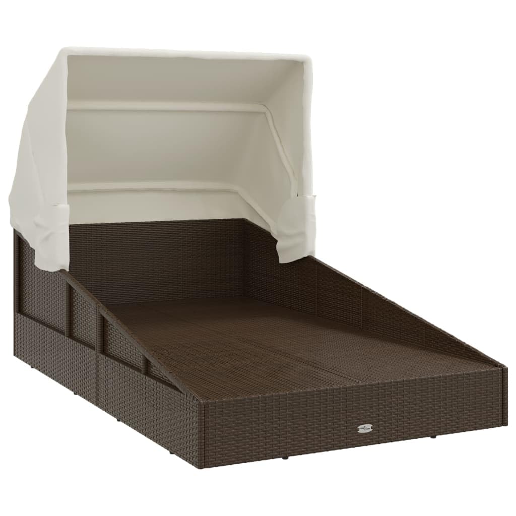 Brązowy leżak ze składanym dachem z polirattanu PE, 200 x 114 x 128 cm, z malowaną proszkowo stalową ramą i grubą wyściółką do ogrodu lub basenu.
