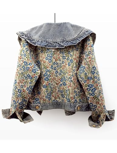 Vintage Floral Denim Jacket Peter Pan Collar Long Sleeve Blue Flower Pattern Button Front Jean Jacket Coat2