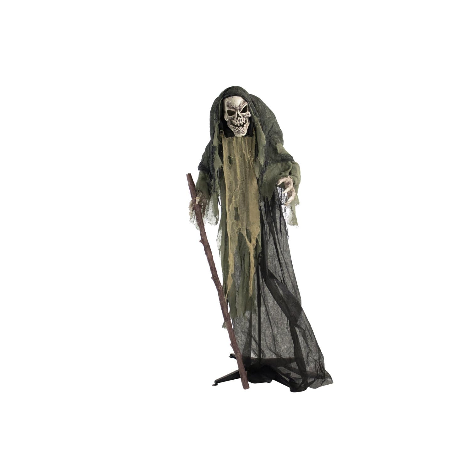 Haunted Hill Farm Life-Size Scary Skeleton Reaper Holding Staff, Halloween Animatronic with Touch Activated Lights and Sound, Battery Operated Indoor or Covered Outdoor Halloween Decorations for Home