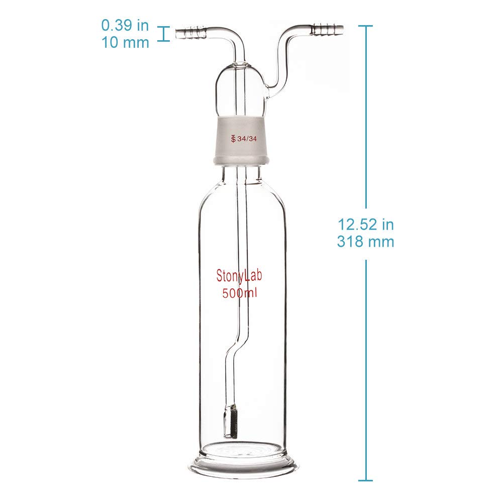 stonylab Bottiglia di Lavaggio del Gas, Vetro Borosilicato 34/34 Tappo Gas Gorgogliatore di Gas Bottiglia di Lavaggio con Disco Fritto e 8 mm di Ingresso OD/Tubi di Uscita, 500 ml