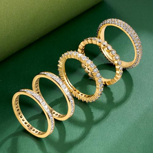 TIKJE 5 Rings Set For Women, 18k Yellow/White Gold/Rose Gold/Black Plated Rings - Cubic Zirconias Band Ring, Eternity Promise Ring For Her Engagement Ring Wedding Band Size 5-122