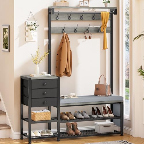 Itaar Coat Rack, Hall Tree with Bench and Shoe Storage, 7-in-1 Entryway Bench with Soft Cushion, Storage Bag, 3 Fabric Drawers(Grey)
