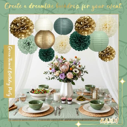 Image of KAXIXI 15-Pack Sage Green Party Decorations, Paper Lanterns & Pom Poms
