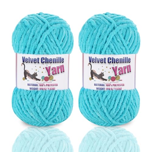 Image of 2 * 100g /3.5oz Fluffy Chenille Yarn for Crocheting, Chunky Velvet Yarn for Crochet Amigurumi, Used for Making Baby Yarns Blanket, Clothes, Pattern Knitting Creations (Lake Blue)