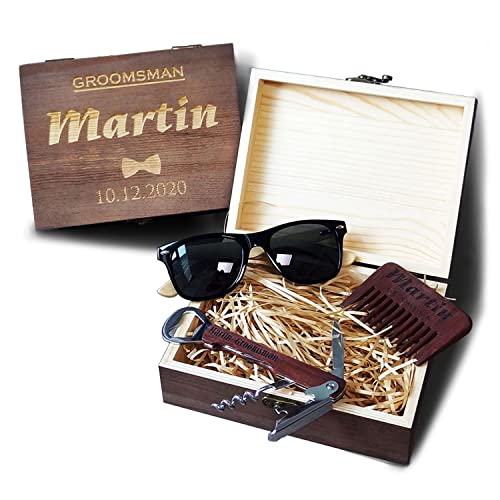 Product Image of the Custom Groomsman Gift Set, Groomsmen Proposal, Personalized Wooden Sunglasses, Wooden Wine Opener, Wooden Beard Comb, Mens Gift