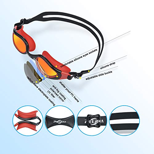 Image of PHELRENA Swim Goggles, 2019 Electroplated Swimming Goggles, Anti Fog,No Leaking,UV Protection,Shatter-Proof, Clear Wide Vision Triathlon Swim Goggles for Women Men Adult with Free Nose Clip Ear Plugs