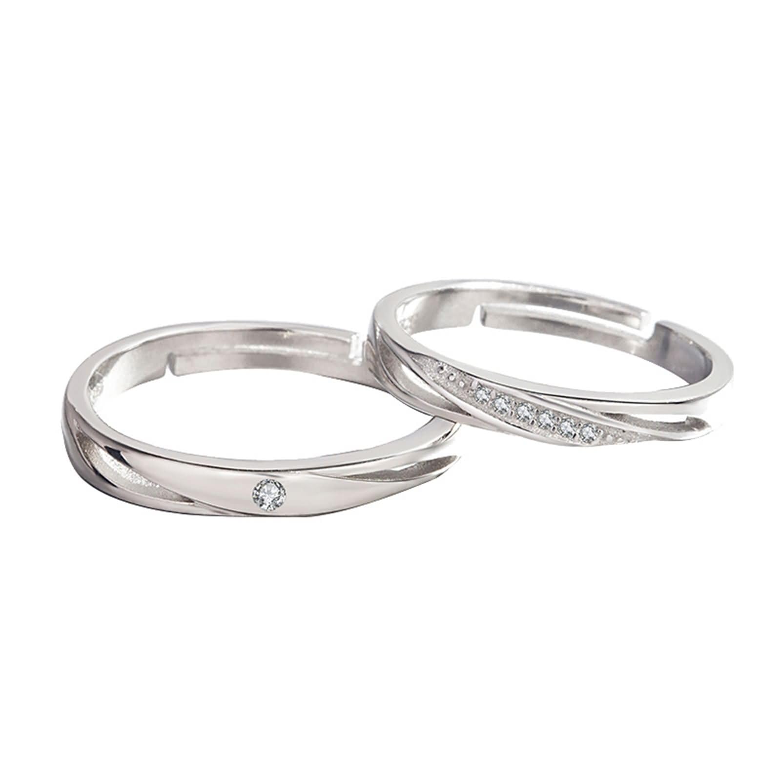 Anelli Fidanzamento Regolabili Coppia con Incisione Personalizzata Argento 925, Rotondo Semplice con Zirconia Cubica, Coppia Fedi Nuziali Argento
