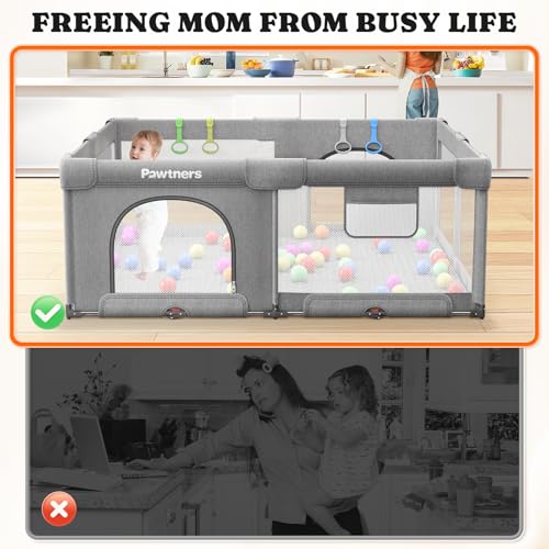 Image of Foldable Baby Playpen: 71 inch L x 59 inch W x 27 inch H, Large Kids Play Yard with Mat for Indoor and Outdoor, Portable Baby Gate with 50PCS Ocean Ball, 4 Handles