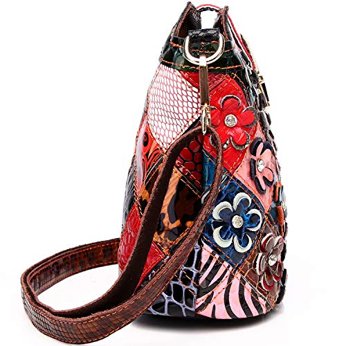 Image of Women 3D Floral Multicolor Small Crossbody Bag Genuine Leather Handbag Snake Pattern Colorful Spliced Shoulder Purse