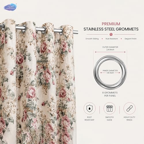 Image of Clasiko Block Print Sheer Door Curtains; 40% Light Filtering Linen Textured Curtains with Eyelets & Tieback; Set of 2; 54x84 Inches / 7 Feet; Pearl Blossom