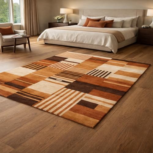 Tapis de chambre lavable antidérapant marron beige géométrique