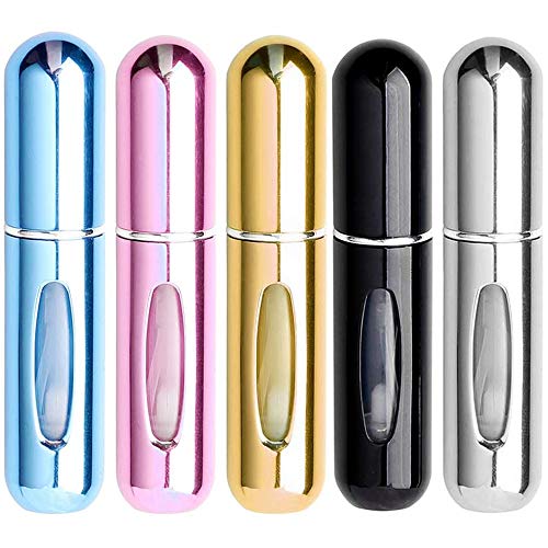 5pcs Refillable Perfume Atomizer Bottle, BetterJonny 5ml Refillable Perfume Spray, Mini Refillable Fragrance Atomizer Portable Travel Perfume Spray Bottle Scent Pump Case Black Silver Blue