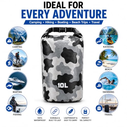 Image of Waterproof Dry Bag with Phone Case, 2L /3L /5L /10L /15L /20L /30L, Floating and Lightweight Bags for Kayaking Rafting Boating River Trekking-Multi Color (10 Liter Grey)