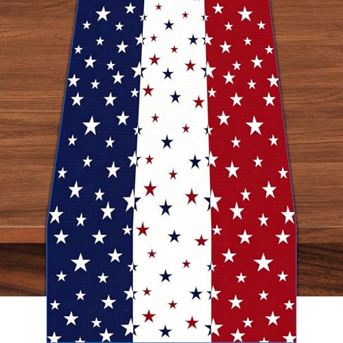 72 x 13 Inch 4th of July Table Runner, Red White Blue Patriotic Stars Table Runner with American Flag Style Stripe Pattern for Independence Day Memorial Day Dining Decor