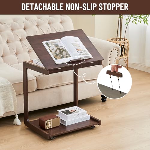 Image of Uniclinens Rolling Side Table, C Shape Couch End Table with Wheels, Mobile Wooden Sofa Tray, Movable Small Couch Desk for Bedroom Living Room, Dark Walnut
