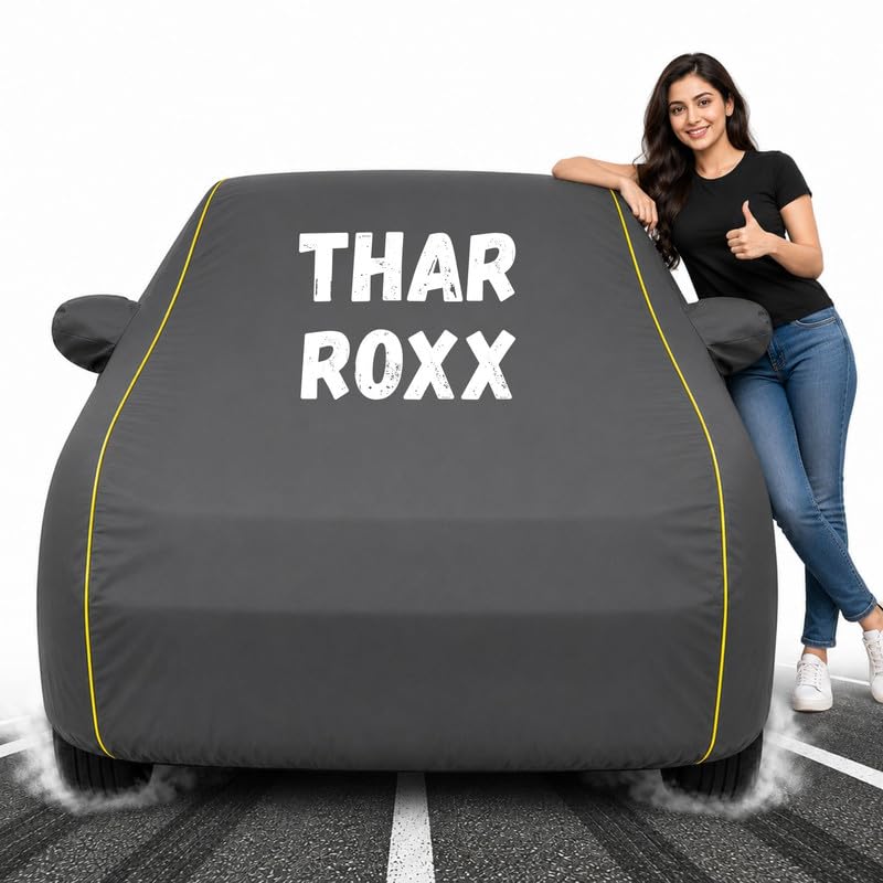 Image of Custom Fit Grey 100% Waterproof Thar Roxx Car Cover | Polyester Car Body Covers for Rain & Sun | UV Protection, Dustproof, Scratch Resistant, Windproof, Heat Resistant