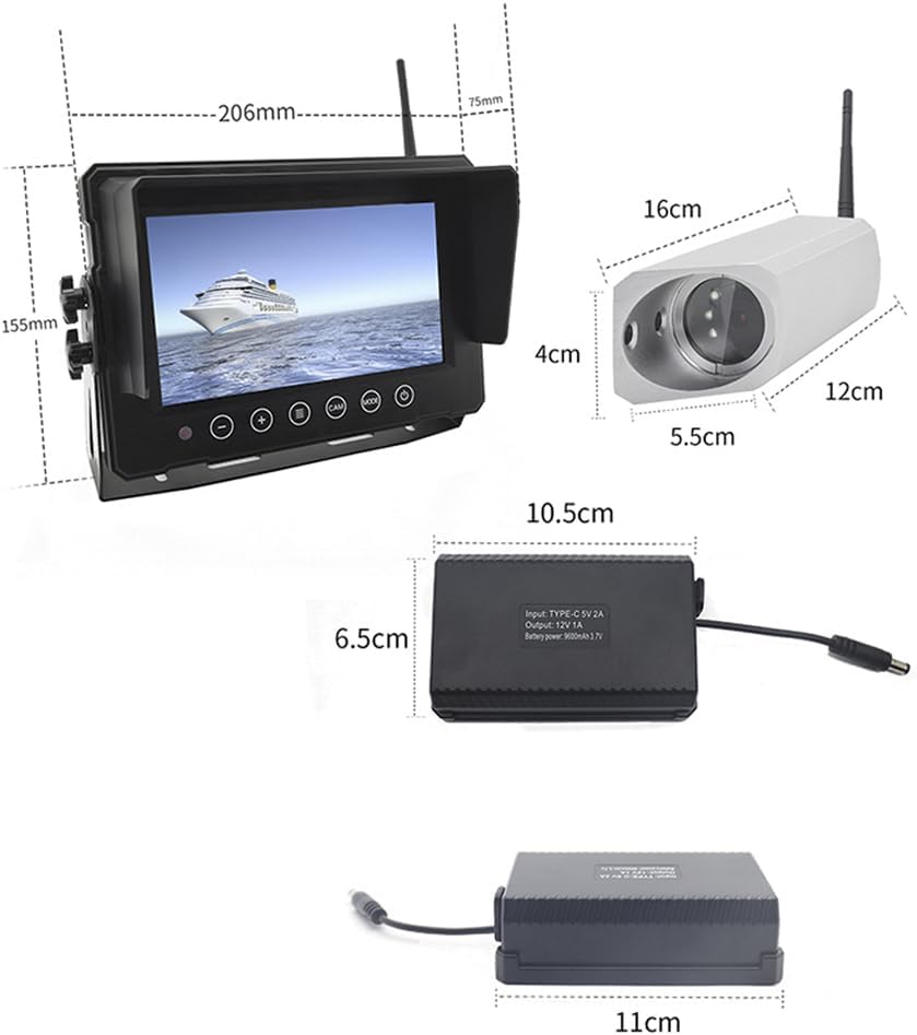 Diagram showing dimensions of the monitor, camera, and battery bank
