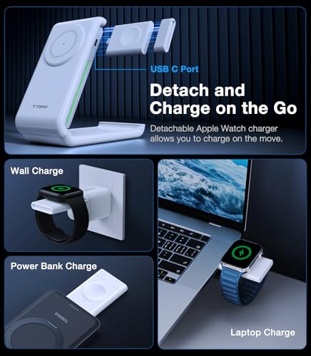 Image of TORRAS 3 in 1 Charging Station with MagSafe Charger Stand, Cooling 15W Max Fast Charging, Foldable Wireless Charger for iPhone 15 /14 /13 /12, Apple Watch S1-8 /Ultra, AirPods(30W USB-C Charger Included)