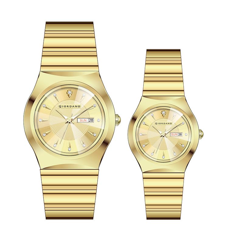 Image of Giordano Analog Pair Watch for Unisex with Round Dial, Crystal Indices, Date Display and Stainless Steel Strap