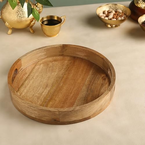 Image of Premium Wooden Round Tray, Wooden Tray, Serving Tray, Kitchen Tray, Decorative Tray,Wooden Serving Tray(12x12x2 Inch)