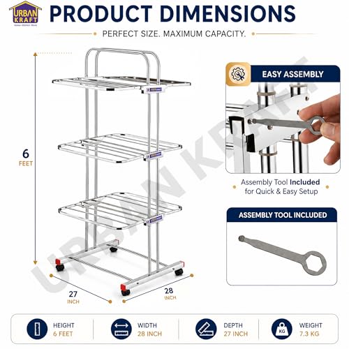 Image of URBAN KRAFT 3 Tier Foldable Cloth Drying Stand | Heavy Duty Rack for Drying Clothes | Full Stainless Steel Cloth Dryer Stand with Wheels - 6 Folding Wings, Easy to Assemble