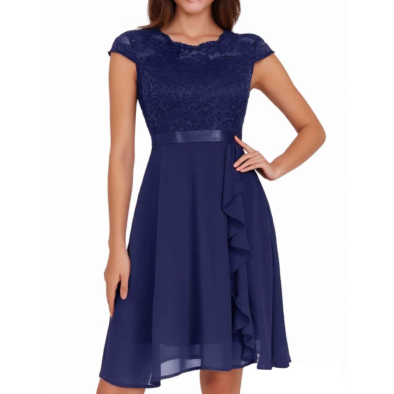 Kleid Hochzeitsgast Damen Festliches Elegantes Spitzenkleid mit Kurzarm Rüschen Spitze Chiffonkleid Festlich Knielanger Rock Abendkleid Cocktailkleid für Hochzeit Abschlussball