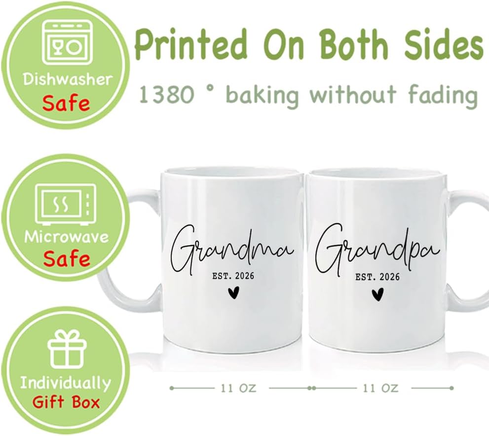 EST 2026 Grandparents Mugs Set Gift for New Grandparents, Baby Reveal Pregnancy Reveal Announcement Mug Gifts for Grandpa Grandma to Be, First Time Grandpa Grandma Gifts - Image 2