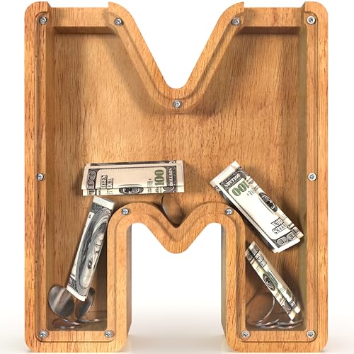 Image of Piggy Bank for Kids Boys Girls, Large Personalized Wooden Letter Piggy Bank with Cut-Out Design, Alphabet Letter Coin Banks, Money Savings Box, Wooden Bank for Kids Creative Gift for Real-Money(M)