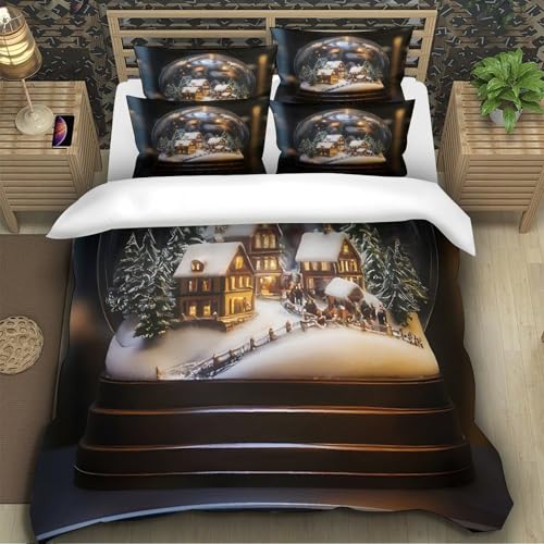 Parure de lit microfibre premium imprimée 3D Village de Noël haute résistance 135x200