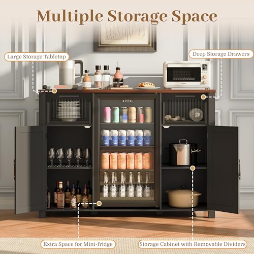 Image of Coffee Bar Cabinet with Fridge Space, Mini Fridge Cabinet with Power Outlet, Modern Wine Liquor Cabinet with 2 Drawers, Fluted Buffet Sideboard with Door Storage for Living Room, Kitchen, Home, Black