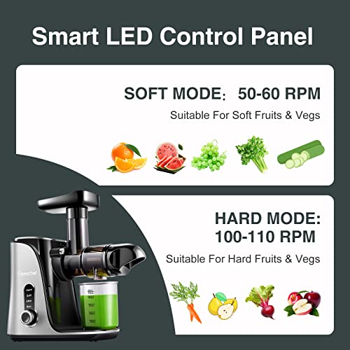 AMZCHEF Spremiagrumi frutta e verdura con 2 modalità di velocità – Slow Juicer con bottiglia portatile e 2 tazze – Senza BPA Cold Press Juicer con LED intelligente e funzione di inversione – Grigio - immagine 3