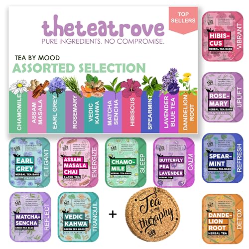 Image of The Tea Trove Assorted Tea Sampler Pack - Flavoured Gift Set (30 Count) With Coaster Hampers | Gift Box Including Green, Organic Herbal & Black Tea Bags